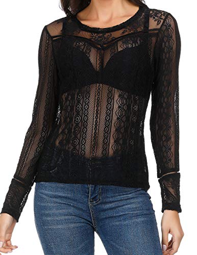 Women's Mesh Tops Long Sleeve Sheer Blouse Sexy Shirt Clubwear Black XXL
