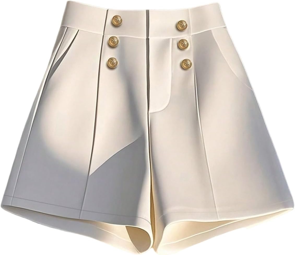 Floerns Women's Dressy Summer Button Front Shorts Elegant Pleated High Waisted Straight Leg Work Shorts