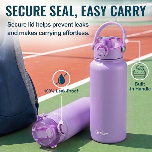 Image of OLDLEY 32oz Insulated Water Bottle with 2-in-1 Straw & Chug Lid, Leakproof Stainless Steel Bottle, Double Wall Vacuum Insulated Water Bottle for Sports, Gym, Travel,Purple