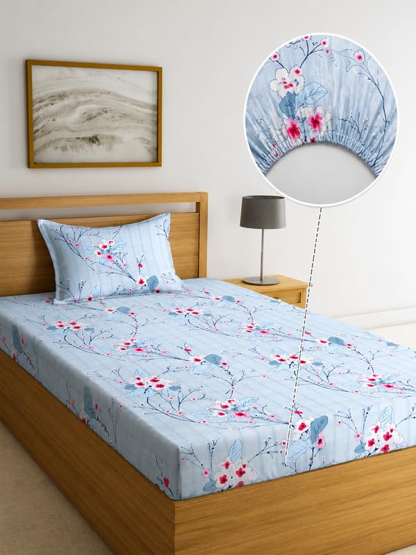 Image of Single Size Fitted Bedsheet with 1 Pillow Cover, Soft Breathable Elastic Bed Sheet for Single Bed, Premium Printed Bedsheet with All Around Elastic - 36 x 72 + 6 Inches, Powder Sky Blue Floral
