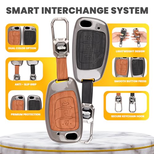 Image of Car Key Cover Compatible with Hyundai Creta, Venue, Tucson, Alcazar, i20, Grand i10 Nios, Aura, Xcent, Exter 3-Button Smart Flip Key (Dual Leather Metal (Black & Brown))
