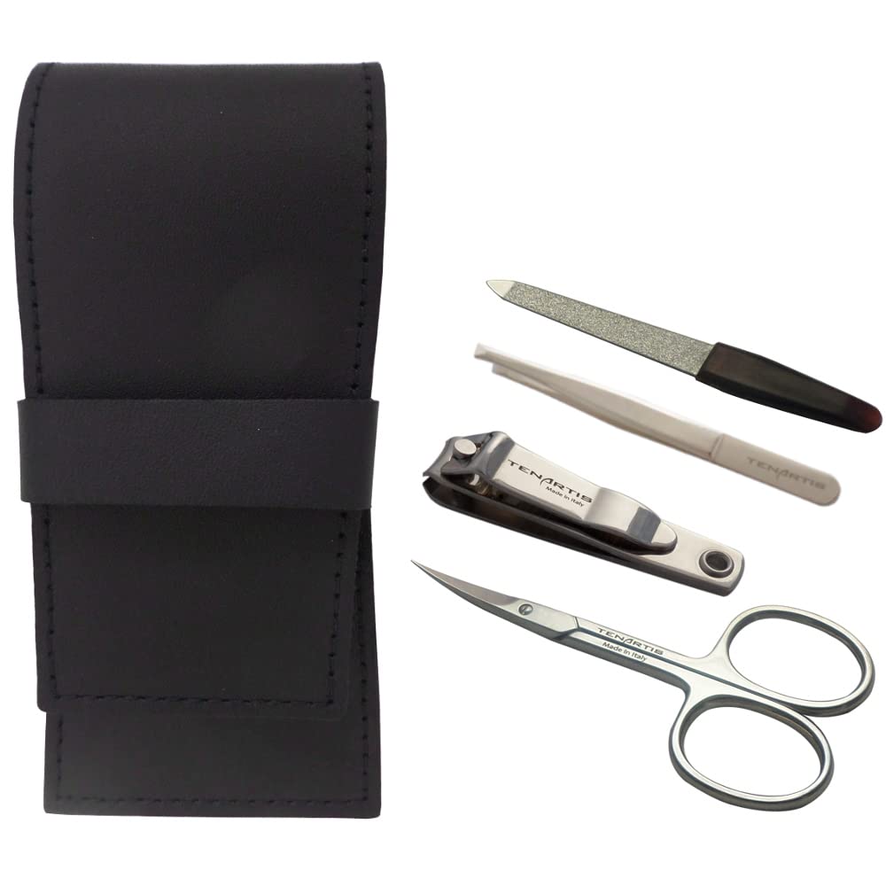 Kit Manicure 4 Pezzi in Vera Pelle con Tagliaunghie - Tenartis 378 Made in Italy (Nero)