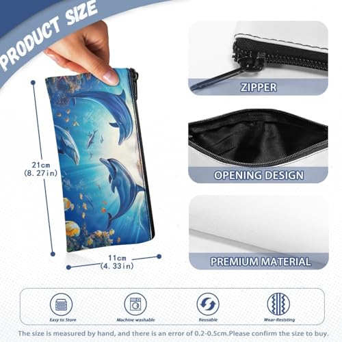 Image of Blue Dolphin Pencil Case for Boys Ocean Theme Pencil Box for Crayon Scissors Pen Holder for Kindergarten Toddlers Zippered Pouch for Stationery