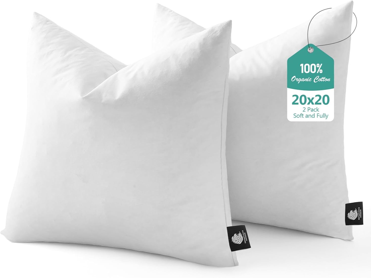 BPC Luxury Feather Down 20x20 Pillow Inserts Set of 2, Soft Fluffy Throw Pillow Inserts, 100% Organic Cotton Cover, Square Pillows for Couch, Living Room, Bed, Sofa