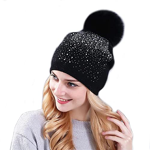 Brillabenny Bonnet de bonnet en cristal avec strass Pon Pon en fourrure pour femme, bonnet de ski, cadeau de luxe - Noir Cover