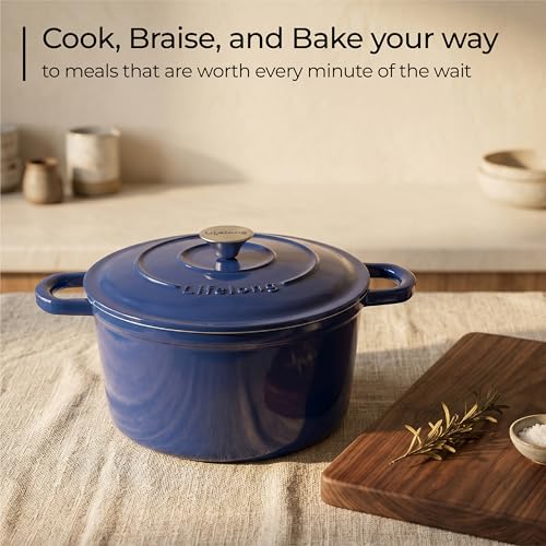 Image of Lifelong Enamel Cast Iron Dutch Oven with Lid (5.6L, 28cm) | Oven, Gas & Induction Compatible | Slow Cooking, Even Heat Distribution, Nontoxic, Durable, Naturally Nonstick, No Stains & Scratch (Blue)