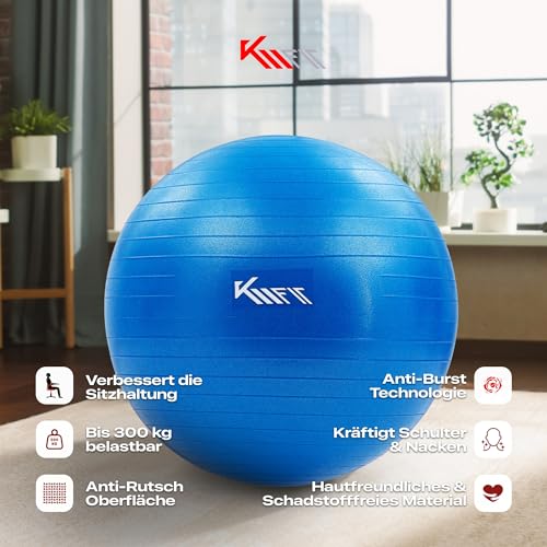 KM-Fit Gymnastikball 65cm | Trainingsball mit Luft-Pumpe | Sitzball Büro Anti-Burst | Ball für Fitness, Yoga, Gymnastik, Core Training | Pezziball Yogaball BPA-Frei | Blau