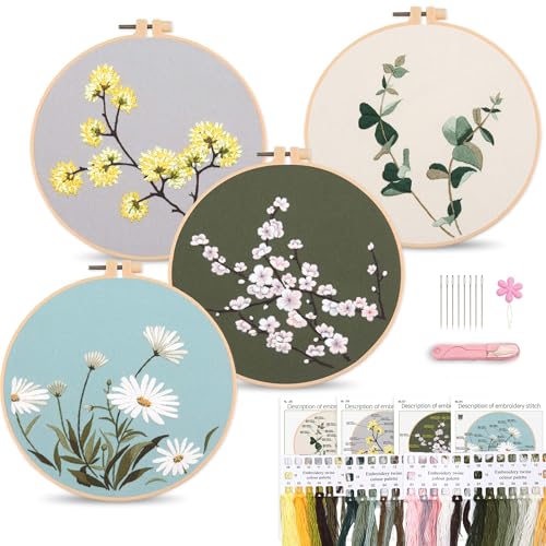 Image of Harimau Adult Beginner Embroidery Starter Kit, Complete Set with 4 Patterns, 2 Hoops, Needles, Scissors, Instruction Guide & Stitching Video Tutorials