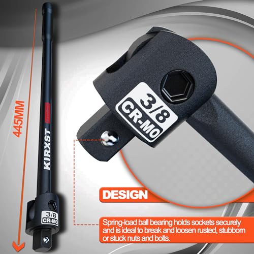 KIRXST Mango Articulado, Llave Articulada 3/8, Barra Articulada 445 mm, Llave Rompedora, Barra Rompedora Extra Resistente, Llave de Vaso Extra Larga