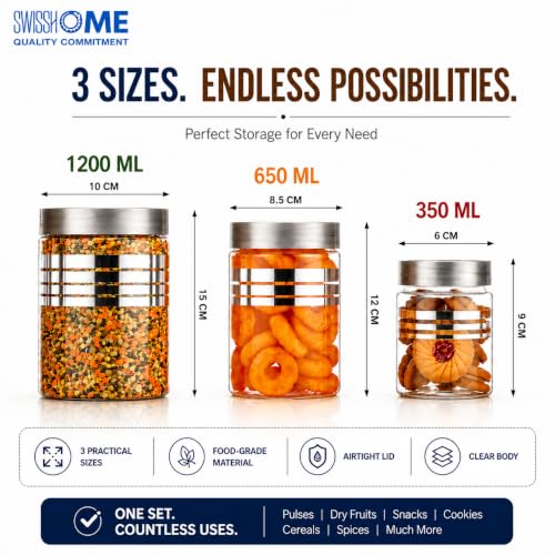 Image of SwissHome Kitchen Storage Containers Set with Spoons, Airtight Food Grade Storage Jars, Transparent Pantry Containers for Rice, Pulses, Dry Fruits, Pasta & Spices (Grey 12 Pcs)
