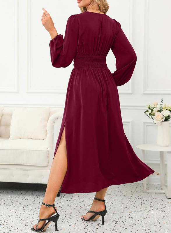 Image of Dokotoo Womens Wrap V-Neck Empire Waist Dress Lantern Sleeve Ruched Side Slit Elegant Maxi Dress