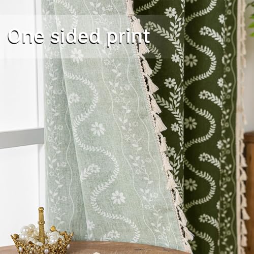 Image of Olive Green Floral Curtains 72 Inch Long for Living Room, Bedroom, 2 Panels Boho Farmhouse Vintage Tassel Semi Sheer Light Filtering Privacy Window Curtains Drapes with Rod Pocket