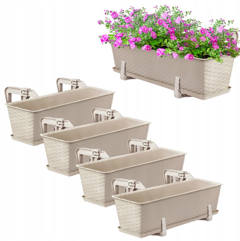 OMAGO® Set di fioriere in rattan con sistema di sospensione e supporto, vasi da balcone per fiori e piante, per balconi e ringhiere, colore beige