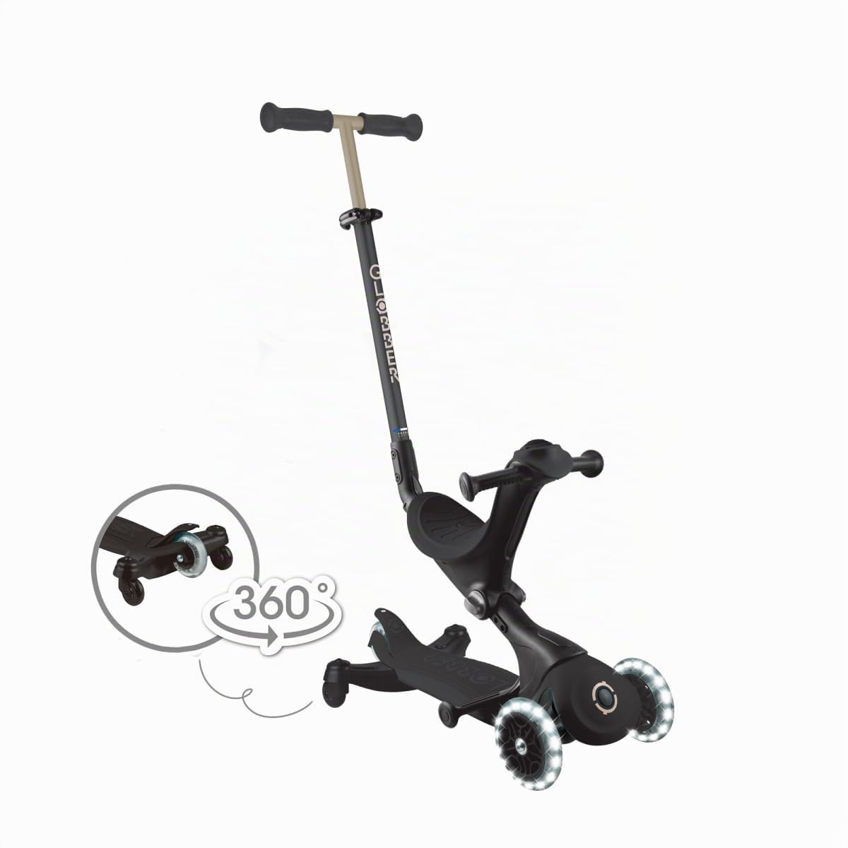 GLOBBER GO-UP Deluxe Lights 360 – 3 in 1 Aufsitzrad, Laufrad, Scooter, 120/80mm, 3-rädrig, verstellbar, LED-Rollen