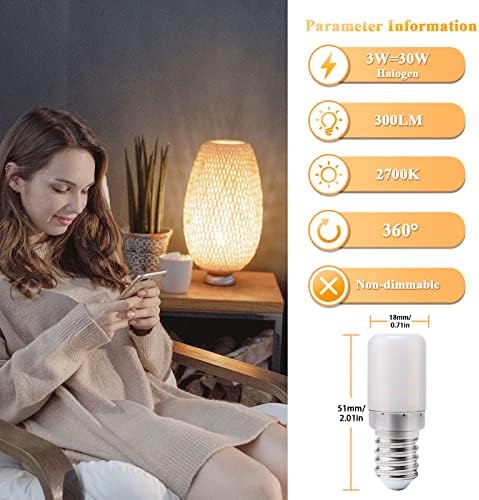 DiCUNO E14 LED SES LED Fridge Bulb, 3W Equivalent to 30W Halogen, Warm White 2700K, 300LM, Non-dimmable E14 Small Edison Screw Lamps for Home Lighting/Refrigerator/Cooker Hood/Night Light, Pack of 2