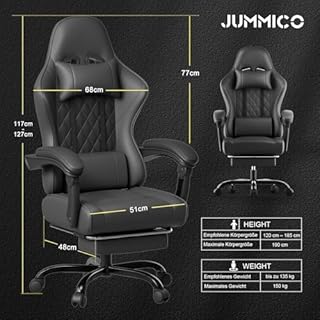 JUMMICO Chaise Gaming Ergonomique, Chaise de Bureau avec Fonction Massage, Fauteuil Gaming avec Repose-Pieds, 150 kg, Noir