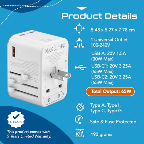 Image of Ceptics TravelAdapter 4 in 1 65W Universal Travel Adapter with Type C - India to International Travel Adapter Plug Socket, 1 x USB, 2 x USB-C (3.1A) Fast Charging, 10 Years Warranty - White