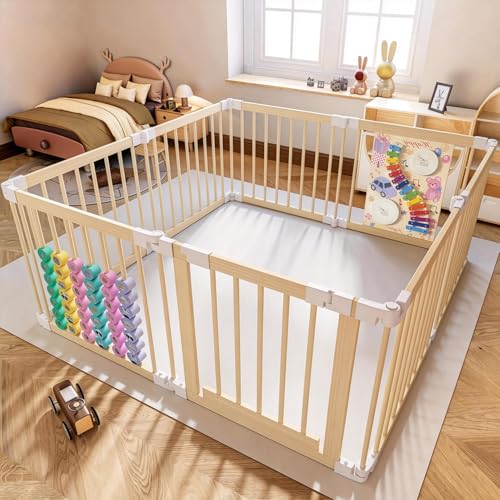 Laufstall Baby mit Spielzeug - Faltbares Laufgitter Baby aus Holz mit Tür & Sicherheitsverschluss individuell formbarer Krabbelgitter & Absperrgitter(145 * 145 * 61 cm)