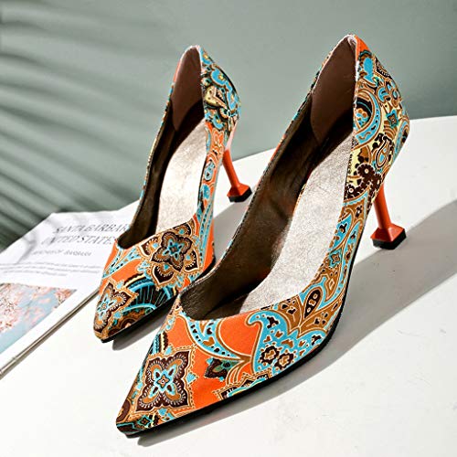 MIOKE Women's Fashion Florals Kitten Stiletto High Heel Pumps Pointed Toe Slip On Elegant Party Dress Shoes3