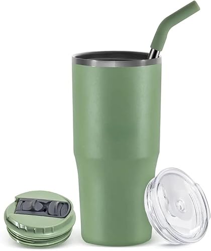 Vaso de 24 onzas, taza de café aislada de acero inoxidable de doble pared, taza de viaje, taza térmica sin BPA, no tóxico popote + dos tapas para