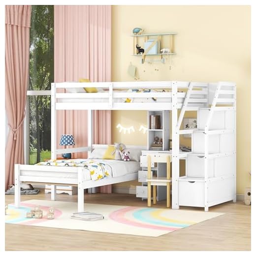 Loft Bed with Desk and Stairs Twin Over Twin Bunk Bed with Storage Drawers and Shelves Wood Convertible Loft Beds with Platform Bed for Kids Teens, White
