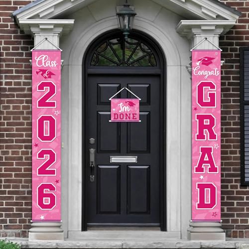 Image of Moukeren 3 Pieces 2026 Graduation Party Decorations Graduation Porch Sign Class of 2026 Grad Hanging Porch Banner Backdrop Door Sign for Grad Party Wall Home Door Decor (Rose Red)