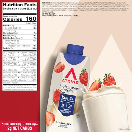 Image of Atkins Strawberry Flavored Protein Shake, High Protein, Low Glycemic, Low Sugar and Low Carb, Keto Friendly, Gluten Free, 12 Count