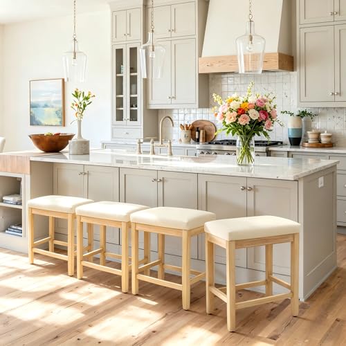 Image of RNKSFX Counter Height Bar Stools Set of 4 for Kitchen Counter Farmhouse Modern Backless Barstools with Faux Leather Upholstered Seat and Solid Wood Legs 24 inch Bar Chairs, Khaki + Wood Color