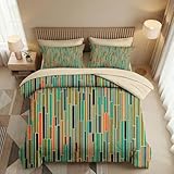 Nesker Comforter Set Full Size, Mid Century Geometric Retro 7 Pcs Bedding for Kids and Adults, 50S Vintage Bed Sheet Sets with Fitted Sheet 2 Pillowcases & 2 Shams
