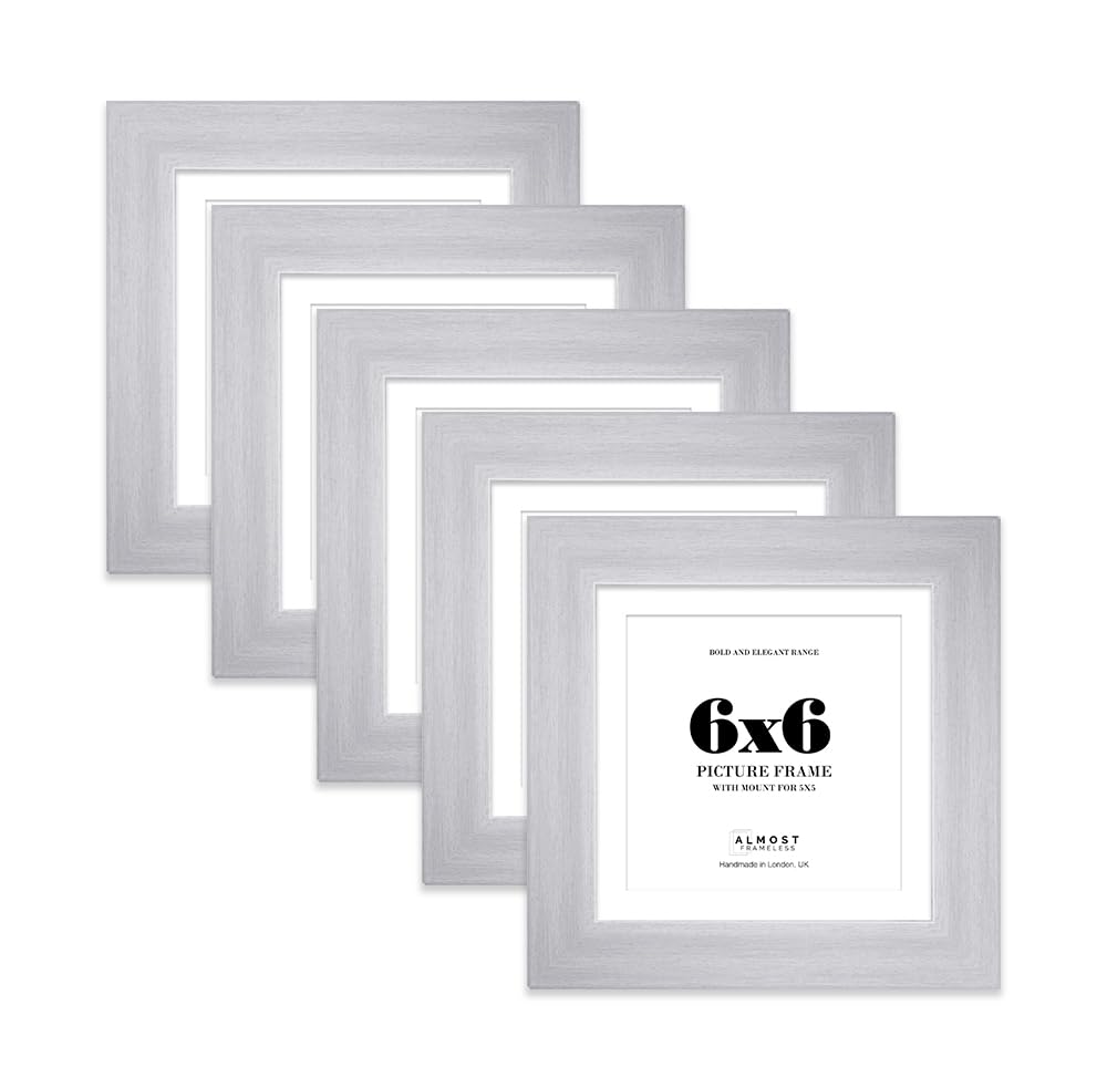 6x6" Silver Square Frame With Mount for 5x5" Pictures 28mm Edge Frame Display with Wall Hooks and Kickstand, 5 Pack