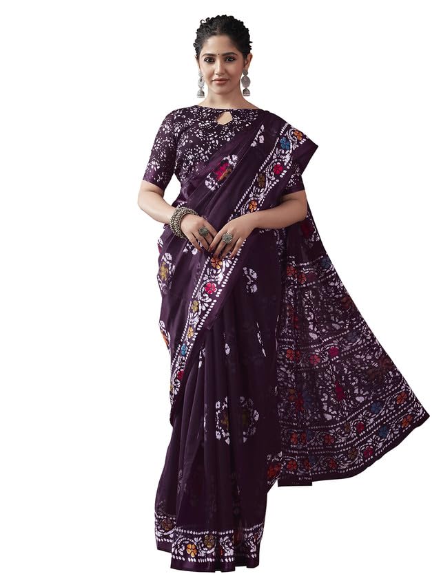 SAMAH Sari de algodón con estampado batik para mujer con blusa sin costuras, Morado y multicolor, talla �nica