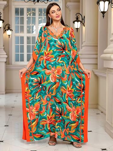 Image of KECVOT Kaftan Dresses for Women V-Neck Print Swimsuit Cover Up Plus Size Beach Caftan Lounge Dress