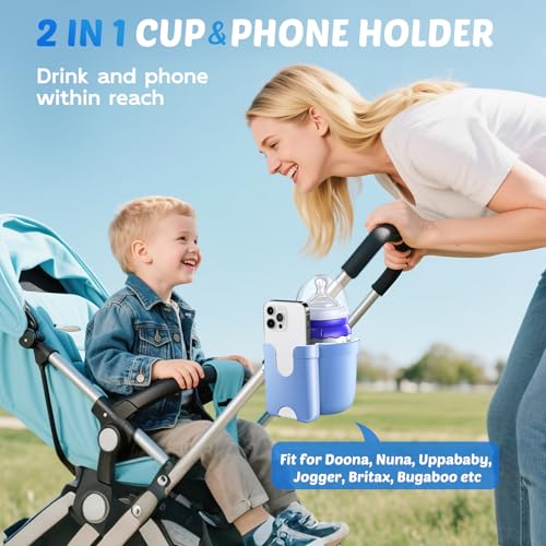 Image of Stroller Cup Holder with Phone Holder, Accessories for Walker Wheelchair | Universal Cup Holder for Bike /Rollator /Scooter Accessories, Fit Uppababy, Nuna, Doona Stroller, Baby Registry Search