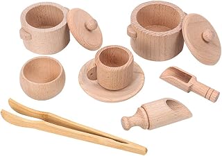 Xylolin Wooden Sensory Bin Tools Montessori Toys for Toddlers 1-3, Pretend Play Dish Toys Wooden Bowls Scoop Tongs Transfer Work Pouring Set, Kids Fine Motor Skills Development