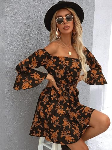Image of Off Shoulder Ruffle Dress for Women, A-Line Mini Dress with Belt, Fitted Bust Summer Wedding Guest Dress
