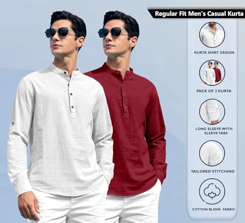 Image of Zombom Combo of Men's Solid Cotton Polyester Blend Full Sleeve Straight Kurta Shirt (Pack of 2)