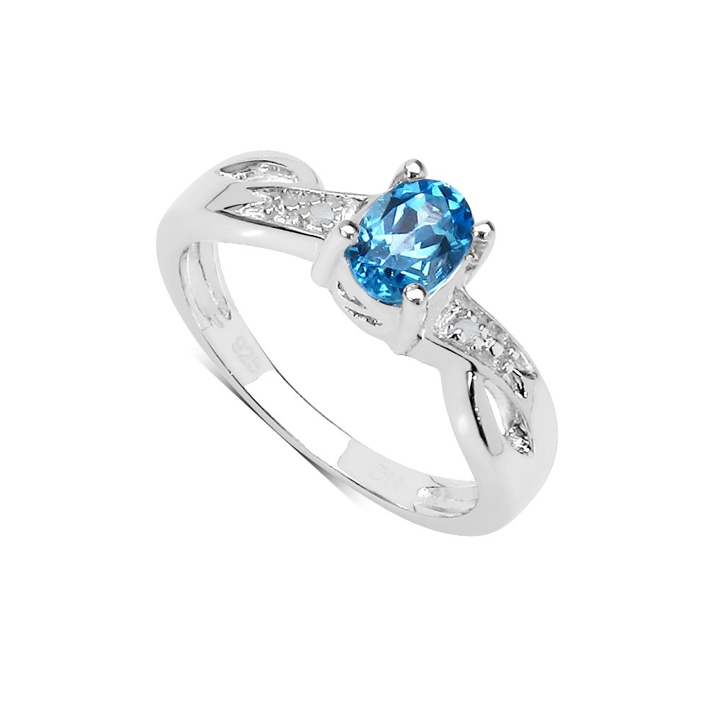 The Blue Topaz Ring Collection: Beautiful Sterling Silver Oval Swiss Blue Topaz Engagement Ring with Diamond Set Shoulders (Size J)