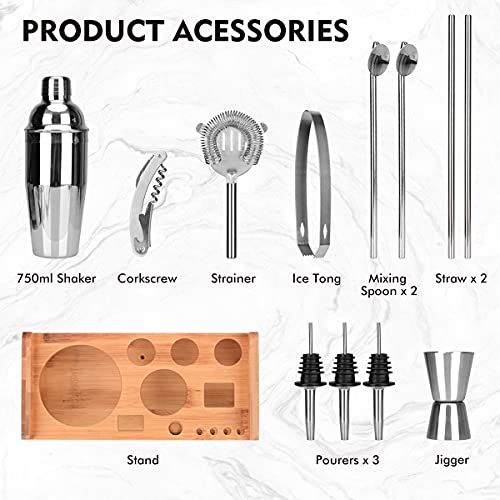 Cocktailshaker Set, Lychee12 Stuks Cocktail Set Barman Kit Cocktail Set met Houten Standaard - Roestvrij Staal Cocktail… - Afbeelding 4
