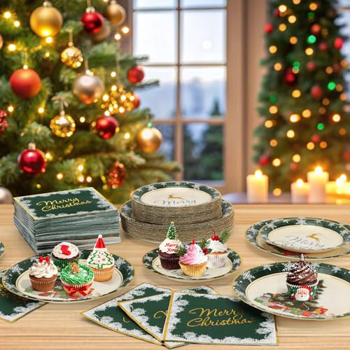 Christmas Paper Plates and Napkins for 50 Guests, 9’’ Disposable Plates, 7’’ Dessert Plates with Gold Xmas Tree Snowflakes, 200Pcs Christmas Party Supplies Tableware Set Winter Party Decorations – Image 5