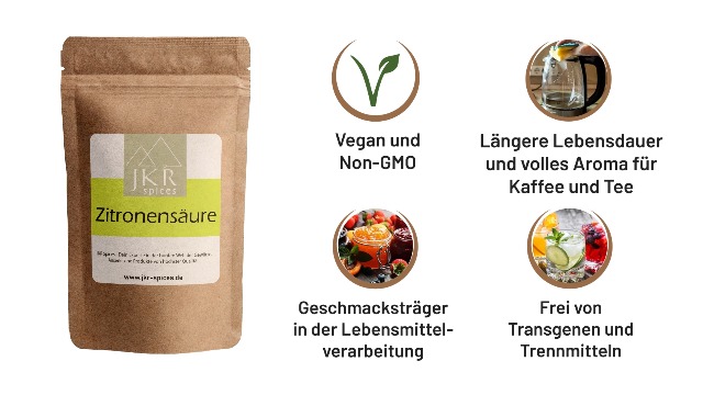 JKR Spices Zitronensäure Pulver 200g – Lebensmittelqualität Zum Entkalken, Kochen & Reinigen