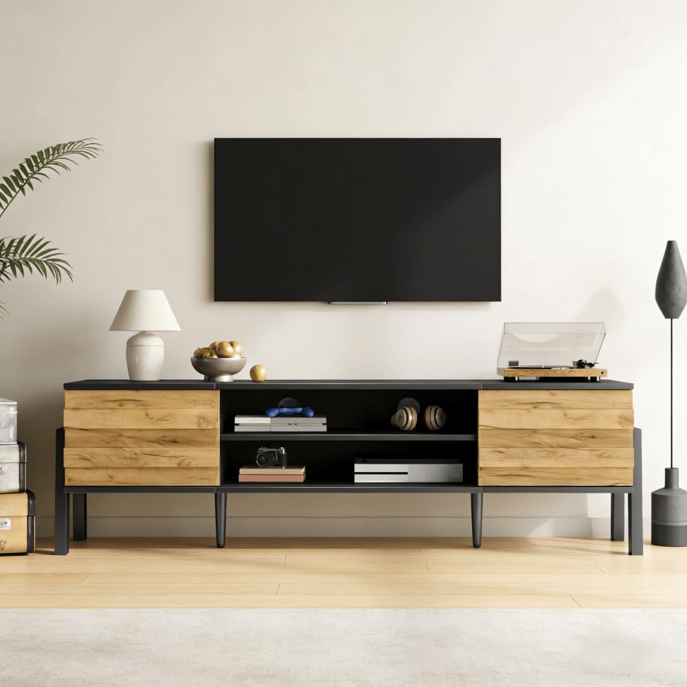 Stojak do telewizora 175 cm z półką, 2 drzwi Lowboard + otwarta półka, konsola do telewizora do 70 cali, wymiary 175 x 39,5 x 53 cm