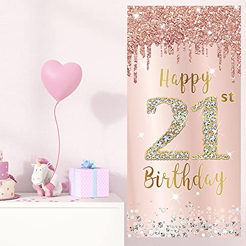 Image of Happy 21st Birthday Door Banner Backdrop Decorations for Women, Pink Rose Gold 21 Birthday Party Door Cover Sign Supplies, 21 Year Old Bday Poster Background Photo Booth Props Decor