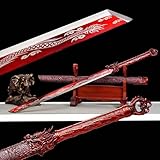 Handmade Straight Katana Carbon Steel Blade with Cool Pattern Chinese Tang Dao Red Dragon Sword