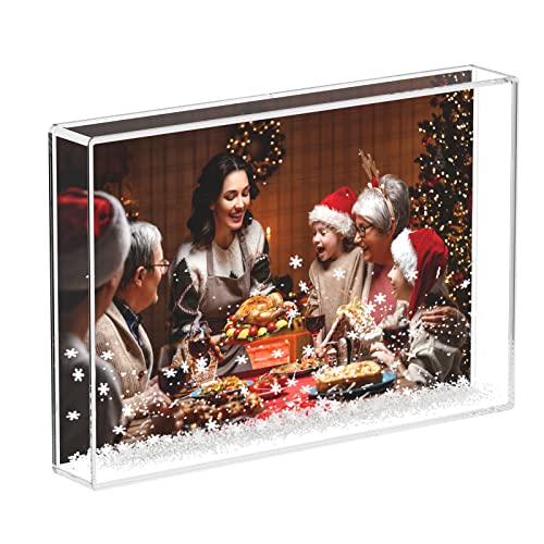 NIUBEE 4x6 Glitter Liquid Photo Frame for Christmas, Clear Acrylic Floating Sparkle Water Picture Frame (Snow)