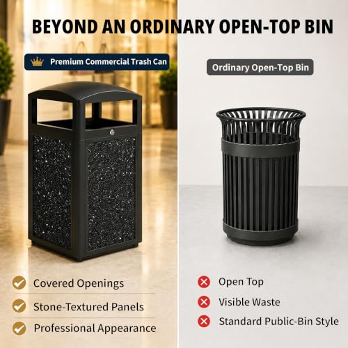 Image of Commercial Outdoor Trash Can with Lockable Lid | Heavy Duty, 15 Gallon, Removable Inner Liner, Stone Composite Panels, Black