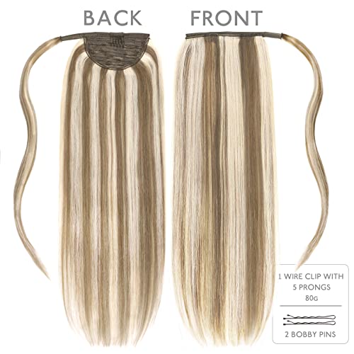 Image of WENNALIFE Ponytail Hair Extension, 20 Inch 90g Ash Brown with Platinum Blonde Highlights Ponytail Extension Human Hair Clip in Wrap Around Remy Human Hair Extension Hairpieces Real Human Hair