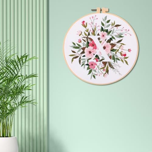 Image of IUHUI Embroidery Kit for Beginners Adults - 26 Floral Letters Easy Patterns, DIY Hand Stitching Embroidery Set with Hoop (Flower and Grass Letter X)