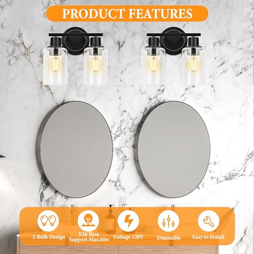 Image of Oil Rubbed Bronze 2-Light Modern Vanity Light for Bathroom - 2-Light Oil Rubbed Bronze Bathroom Vanity Light Fixture, 2-Bulb Wall Sconce Over Sink