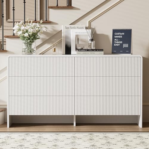 Image of Furniway 55 inch Wide Modern Dresser for Bedroom, 6 Drawer Chest of Drawers with Curved Design, Push-to-Open Storage Dresser, White