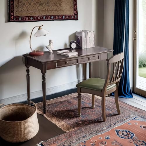 Bureau d'écriture en bois massif de 119,4 cm avec tiroirs – Bureau élégant avec pieds ronds pour espace de travail, étude ou tanière – Meuble...